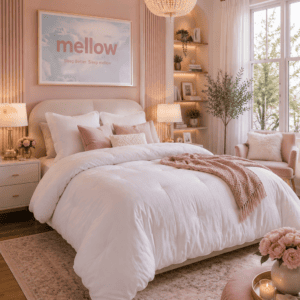 Soft blush pink and white bedding set styled in a luxury bedroom with a crystal chandelier, warm lighting, elegant décor, plush pillows, and feminine accents.
