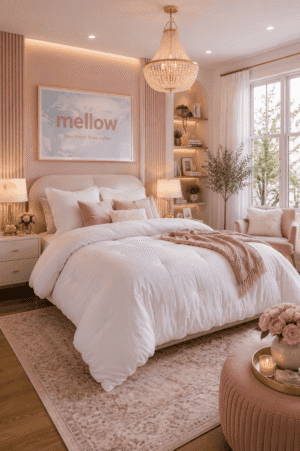 Soft blush pink and white bedding set styled in a luxury bedroom with a crystal chandelier, warm lighting, elegant décor, plush pillows, and feminine accents.