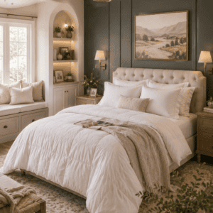 Luxury white comforter bedding set in a cozy modern farmhouse bedroom featuring an olive green accent wall, tufted upholstered bed, warm chandelier lighting, layered neutral décor, and elegant wooden furniture.