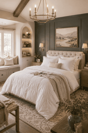 Luxury white comforter bedding set in a cozy modern farmhouse bedroom featuring an olive green accent wall, tufted upholstered bed, warm chandelier lighting, layered neutral décor, and elegant wooden furniture.