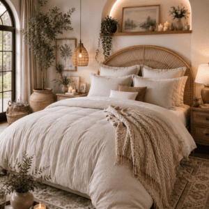 Warm neutral beige bedding set styled in an organic modern bedroom with a rattan headboard, woven pendant lights, cozy knit throw, candles, natural wood furniture, and lush indoor plants.