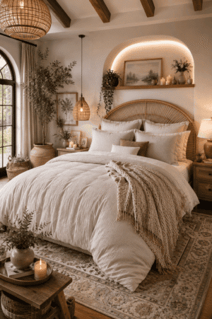 Warm neutral beige bedding set styled in an organic modern bedroom with a rattan headboard, woven pendant lights, cozy knit throw, candles, natural wood furniture, and lush indoor plants.