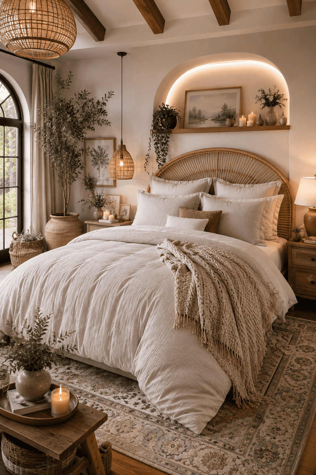 Warm neutral beige bedding set styled in an organic modern bedroom with a rattan headboard, woven pendant lights, cozy knit throw, candles, natural wood furniture, and lush indoor plants.