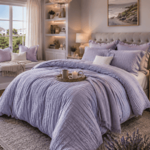Soft lavender bedding set styled in an elegant bedroom with a crystal chandelier, tufted upholstered bed, cozy window seat, warm lighting, textured rug, and layered decorative pillows.