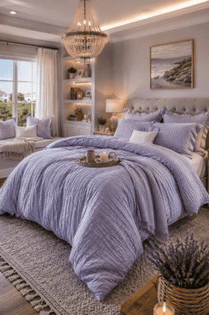 Soft lavender bedding set styled in an elegant bedroom with a crystal chandelier, tufted upholstered bed, cozy window seat, warm lighting, textured rug, and layered decorative pillows.
