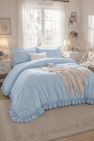 Luxury light blue ruffled bedding set styled in a bright cottage-inspired bedroom with soft white furniture, cozy knit throw blanket, and elegant farmhouse decor.