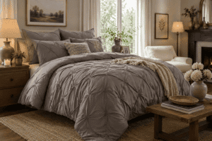 Taupe pintuck bedding set styled in a cozy bedroom with wooden furniture, warm lighting, a fireplace, decorative pillows, soft knit throw, and neutral home decor.