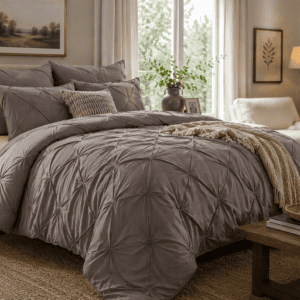 Taupe pintuck bedding set styled in a cozy bedroom with wooden furniture, warm lighting, a fireplace, decorative pillows, soft knit throw, and neutral home decor.