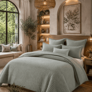 Sage green quilted bedding set styled in a cozy modern rustic bedroom with warm wood accents, woven lighting, arched wall niches, soft neutral décor, and calming natural textures.