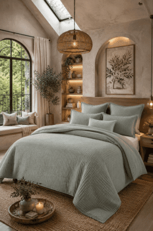 Sage green quilted bedding set styled in a cozy modern rustic bedroom with warm wood accents, woven lighting, arched wall niches, soft neutral décor, and calming natural textures.