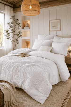 White textured comforter bedding set styled in a cozy modern farmhouse bedroom with woven pendant light, wood ceiling beams, soft neutral decor, and warm natural lighting.