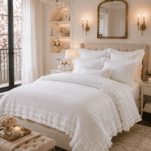 Luxury white ruffle bedding set in an elegant French cottage bedroom with crystal chandelier, vintage gold mirror, soft pink accents, warm lighting, and timeless white décor.