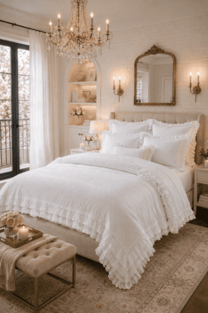 Luxury white ruffle bedding set in an elegant French cottage bedroom with crystal chandelier, vintage gold mirror, soft pink accents, warm lighting, and timeless white décor.