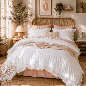 Blush pink and white ruffle bedding set styled in a cozy cottage bedroom with a rattan headboard, warm sunlight, natural wood accents, soft neutral decor, and botanical touches.