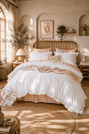 Blush pink and white ruffle bedding set styled in a cozy cottage bedroom with a rattan headboard, warm sunlight, natural wood accents, soft neutral decor, and botanical touches.