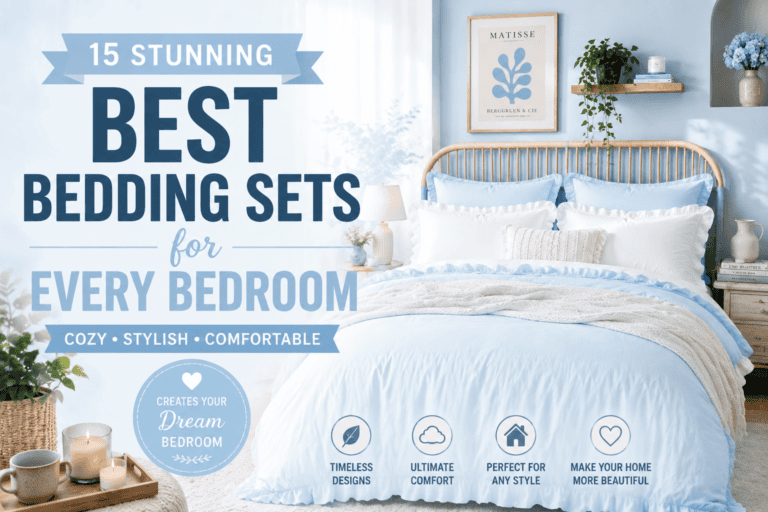 Featured image showcasing 15 best bedding sets for every bedroom with a cozy light blue bedroom design, soft bedding, modern home decor, and stylish bedroom inspiration.