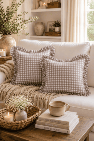Taupe gingham ruffle throw pillow covers styled on a white sofa with a knitted throw, woven tray, candles, coffee mug, and warm farmhouse living room decor.