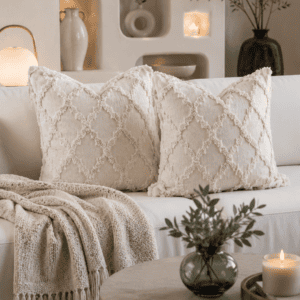 Ivory textured boho throw pillow covers styled on a white sofa with a cozy knit blanket, candles, olive branches, and neutral modern organic living room décor.