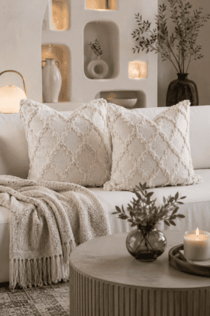 Ivory textured boho throw pillow covers styled on a white sofa with a cozy knit blanket, candles, olive branches, and neutral modern organic living room décor.