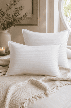 Luxury white striped pillow protectors on a cozy bed with a cream knit throw, candlelight, and neutral bedroom décor in a modern organic home.