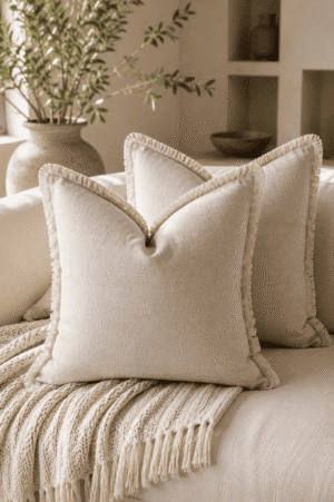 Natural linen fringe throw pillow covers on a cream sofa with a chunky knit blanket, olive tree, and warm neutral modern organic living room décor.