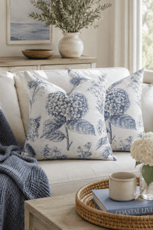 Blue botanical floral throw pillow covers on a neutral linen sofa with coastal-inspired decor, woven tray, soft knit blanket, and natural wood accents in a bright farmhouse living room.