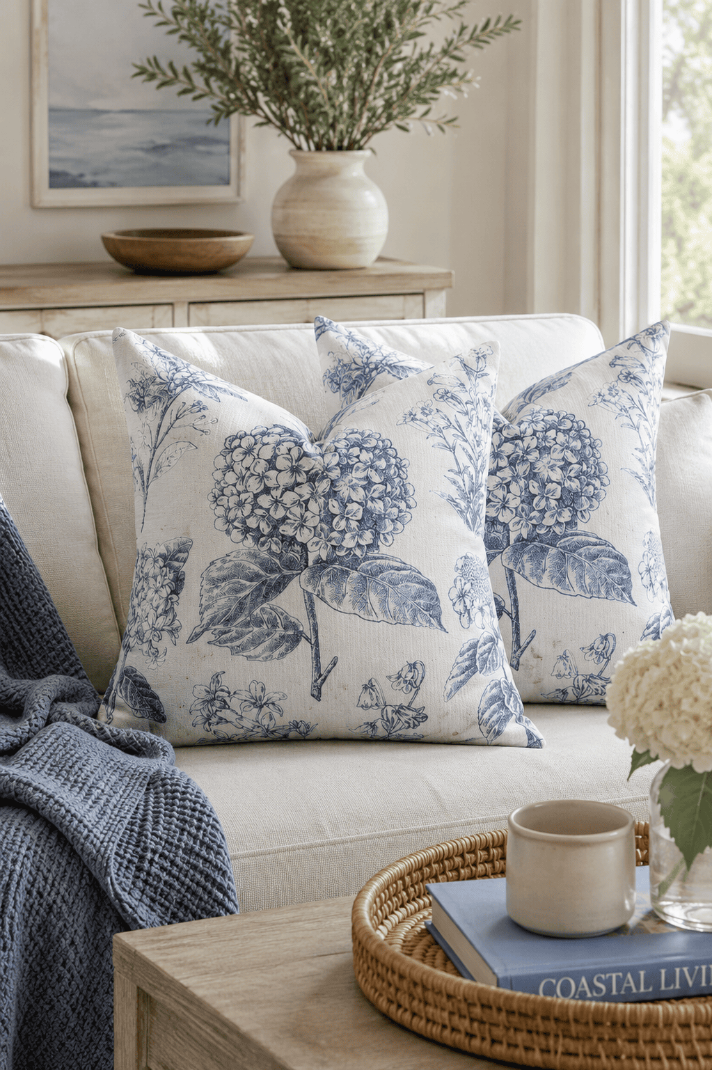 Blue botanical floral throw pillow covers on a neutral linen sofa with coastal-inspired decor, woven tray, soft knit blanket, and natural wood accents in a bright farmhouse living room.