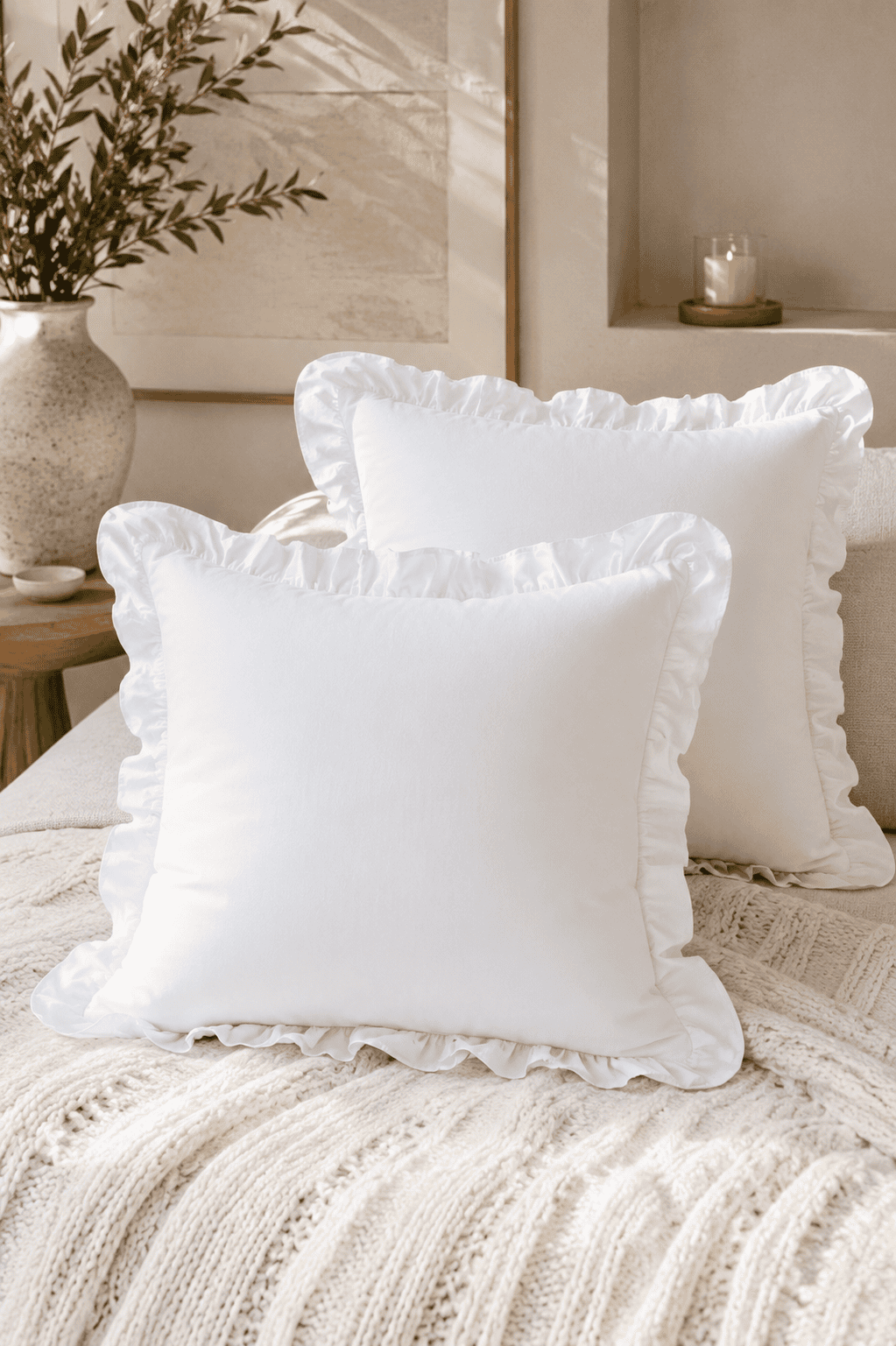 White ruffle throw pillow covers styled on a cozy neutral sofa with a chunky knit blanket, candle, and modern farmhouse living room décor.