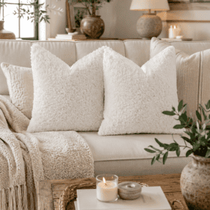 Cream bouclé throw pillow covers styled on a neutral sofa with a soft knit blanket, wooden coffee table, woven tray, candles, and modern farmhouse living room décor.