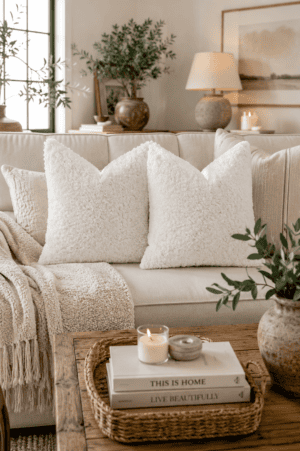 Cream bouclé throw pillow covers styled on a neutral sofa with a soft knit blanket, wooden coffee table, woven tray, candles, and modern farmhouse living room décor.