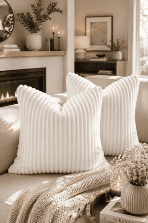 Luxury white ribbed plush throw pillow covers on a neutral sofa with a knitted throw blanket, fireplace, candlelight, and modern organic living room décor.