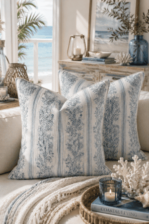 Blue coastal floral throw pillow covers styled on a neutral sofa with beach-inspired decor, candles, woven textures, and an ocean view creating a relaxing coastal living room.