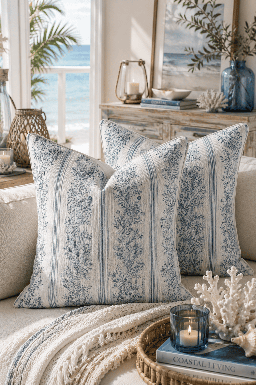 Blue coastal floral throw pillow covers styled on a neutral sofa with beach-inspired decor, candles, woven textures, and an ocean view creating a relaxing coastal living room.