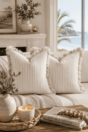 Cream ribbed fringe throw pillow covers styled on a neutral sofa with woven textures, candles, wood accents, and coastal decor in a bright modern farmhouse living room.