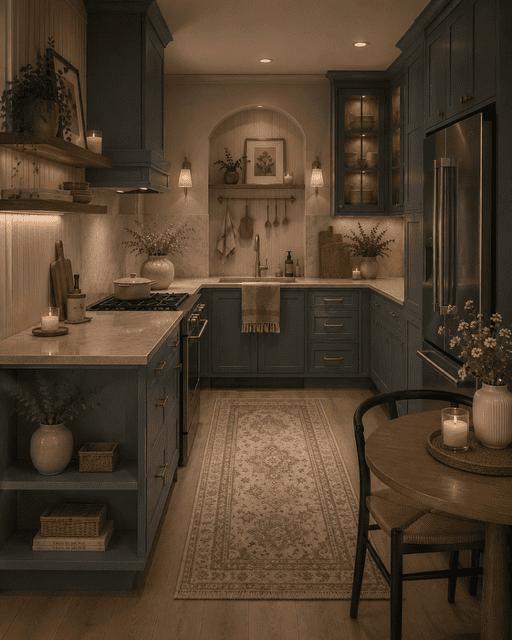 Elegant coastal kitchen with navy blue cabinetry, marble countertops, illuminated glass cabinets, brass fixtures, decorative wall niche, candles, and warm evening lighting.