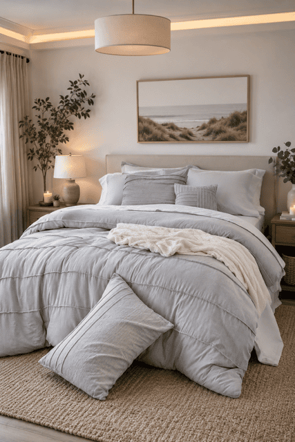 Light Gray Comforter Sets styled in a peaceful bedroom with neutral furniture, cozy knit throw, soft lighting, botanical decor, and calming coastal-inspired accents.