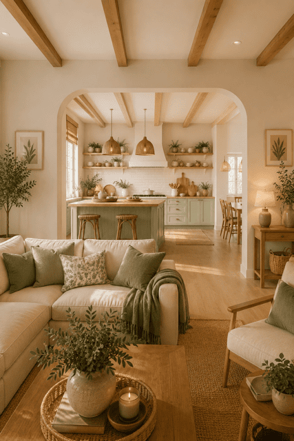 Modern farmhouse open living space with a sage green kitchen, cozy sectional sofa, wooden beams, natural textures, and cozy sage green home decor ideas.