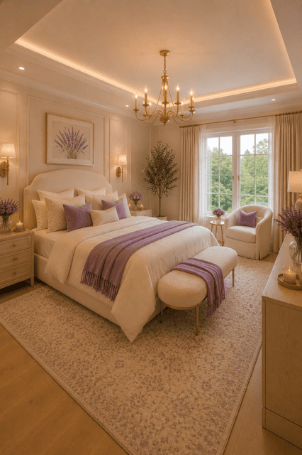Bright master bedroom with lavender bedding accents, cream upholstered bed, cozy reading chair, soft area rug, and elegant gold lighting.