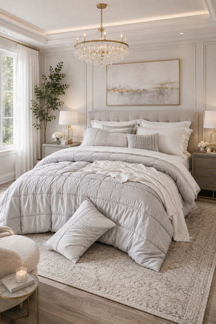 Neutral White Comforter Sets showcased in a sophisticated bedroom featuring crystal chandelier, plush rug, elegant artwork, warm lighting, and soft layered bedding for a luxurious feel.