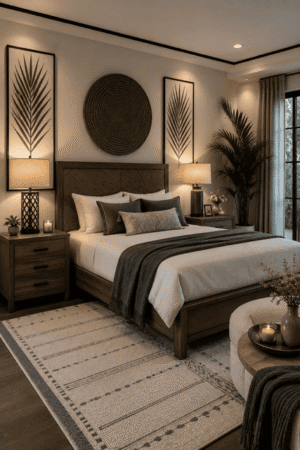 Modern organic bedroom featuring a wooden bed frame, neutral bedding, nightstands, table lamps, woven wall decor, botanical wall art, decorative pillows, area rug, indoor plant, curtains, candles, and cozy bedroom accessories.