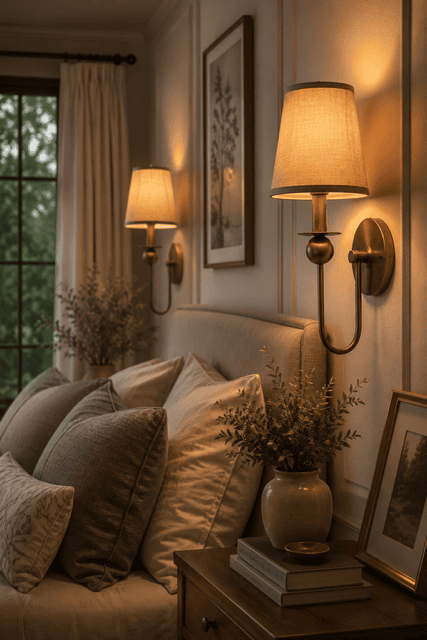 Fabric shade wall sconces creating warm lighting beside a cozy bed