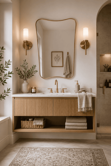 Elegant bathroom featuring a floating wooden vanity, gold-framed mirror, wall sconces, marble countertop, and luxury accessories from Amazon Home Decor Finds.