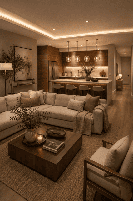 Luxury open concept living room, kitchen, and dining space with warm wood cabinetry, elegant pendant lights, cozy seating, and timeless contemporary styling.