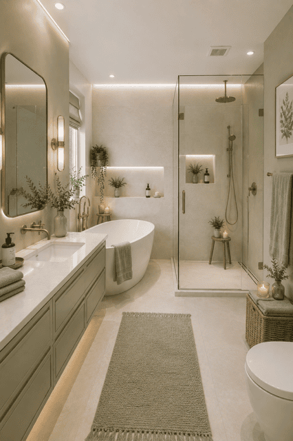 Spa-inspired bathroom featuring a freestanding bathtub, glass walk-in shower, sage green vanity, warm lighting, soft neutral finishes, and luxurious modern bathroom decor.