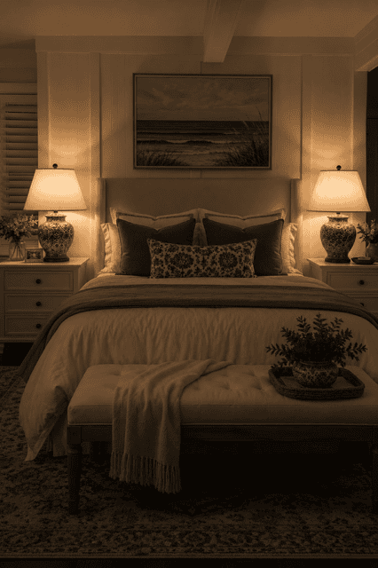 Matching bedside lamps creating warm lighting in an elegant bedroom