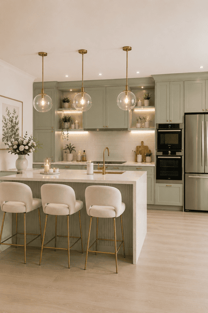 Contemporary kitchen with sage green cabinetry, white countertops, glass pendant lights, gold fixtures, stainless steel appliances, and bright open layout for a cozy home.