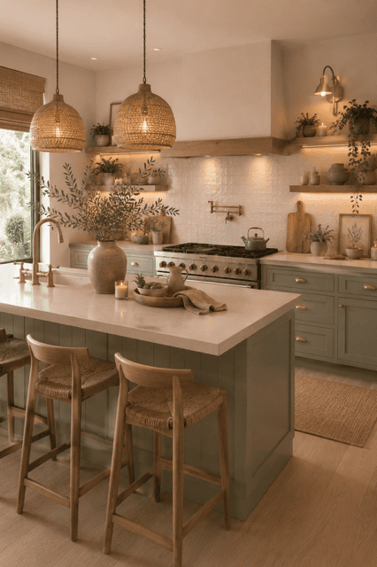 Cozy sage green kitchen featuring a large island, white countertops, brass hardware, open wood shelves, woven pendant lights, and natural farmhouse-inspired home decor ideas.