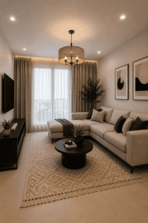 Modern cozy living room featuring a sectional sofa, round black coffee table, textured area rug, TV console, woven chandelier, wall art, curtains, decorative pillows, and home decor accessories.