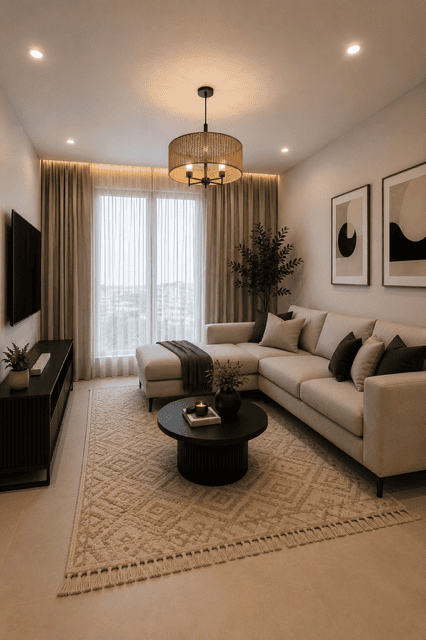 Modern cozy living room featuring a sectional sofa, round black coffee table, textured area rug, TV console, woven chandelier, wall art, curtains, decorative pillows, and home decor accessories.