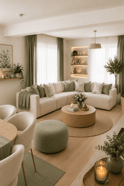 Elegant open concept living room featuring a cream sectional, sage green ottoman, warm wood furniture, decorative shelving, soft lighting, and timeless cozy home decor.